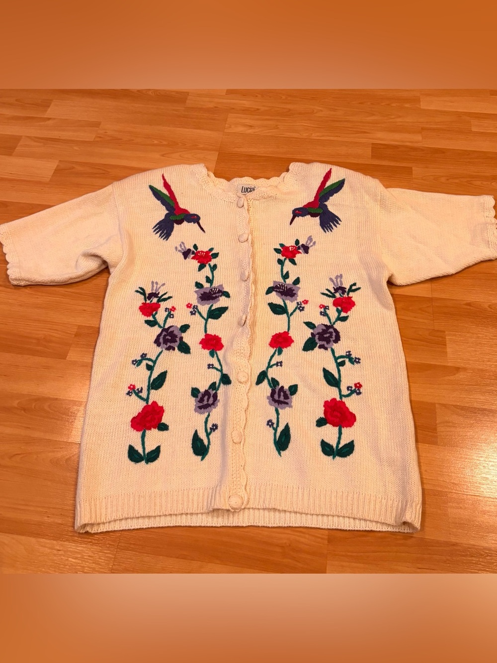 Lucia Vintage  Embroidered Floral Cardigan Sweater with Hummingbirds